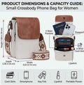 Small crossbody phone bag for women showing product dimensions, capacity guide, 2 main pockets, and RFID card slots.