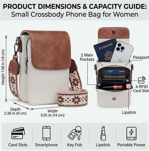 Small crossbody phone bag for women showing product dimensions, capacity guide, 2 main pockets, and RFID card slots.