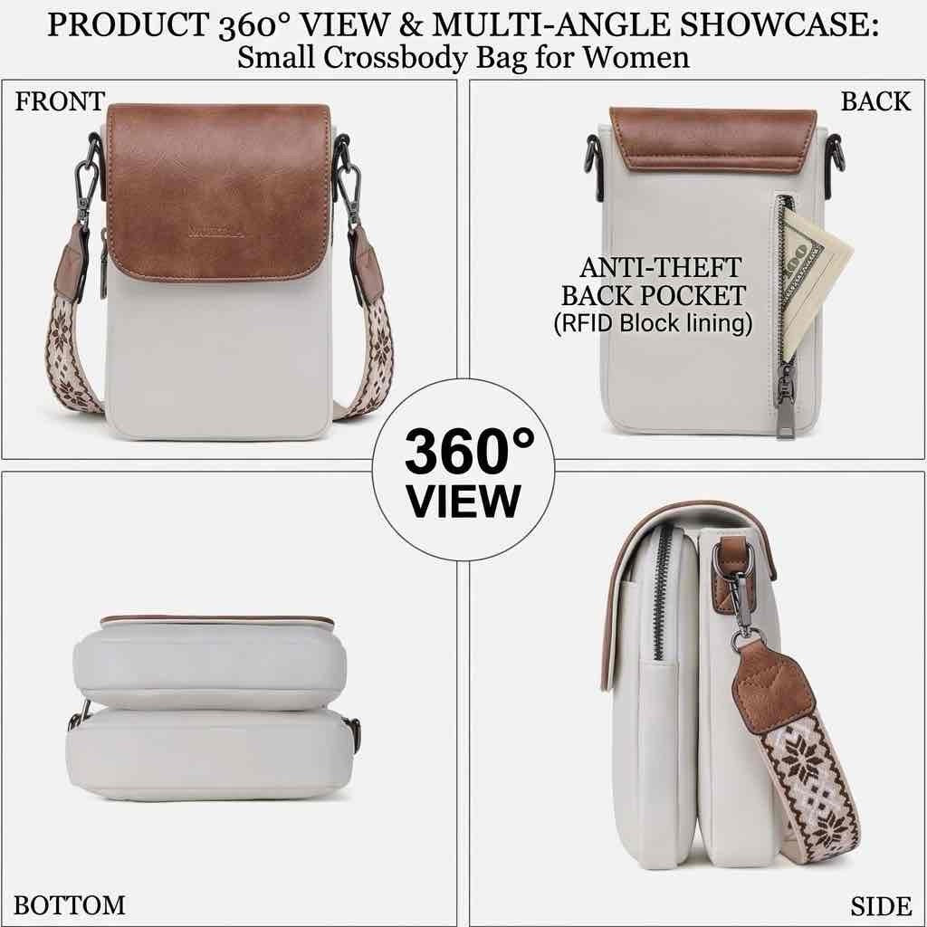 Small crossbody bag with adjustable wide strap for women showing 360 degree view including front, side, bottom, and anti-theft back pocket with RFID lining.