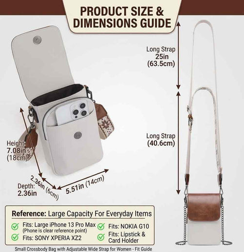 Small crossbody bag with adjustable wide strap for women showing size dimensions, long strap measurements, and phone compatibility guide.