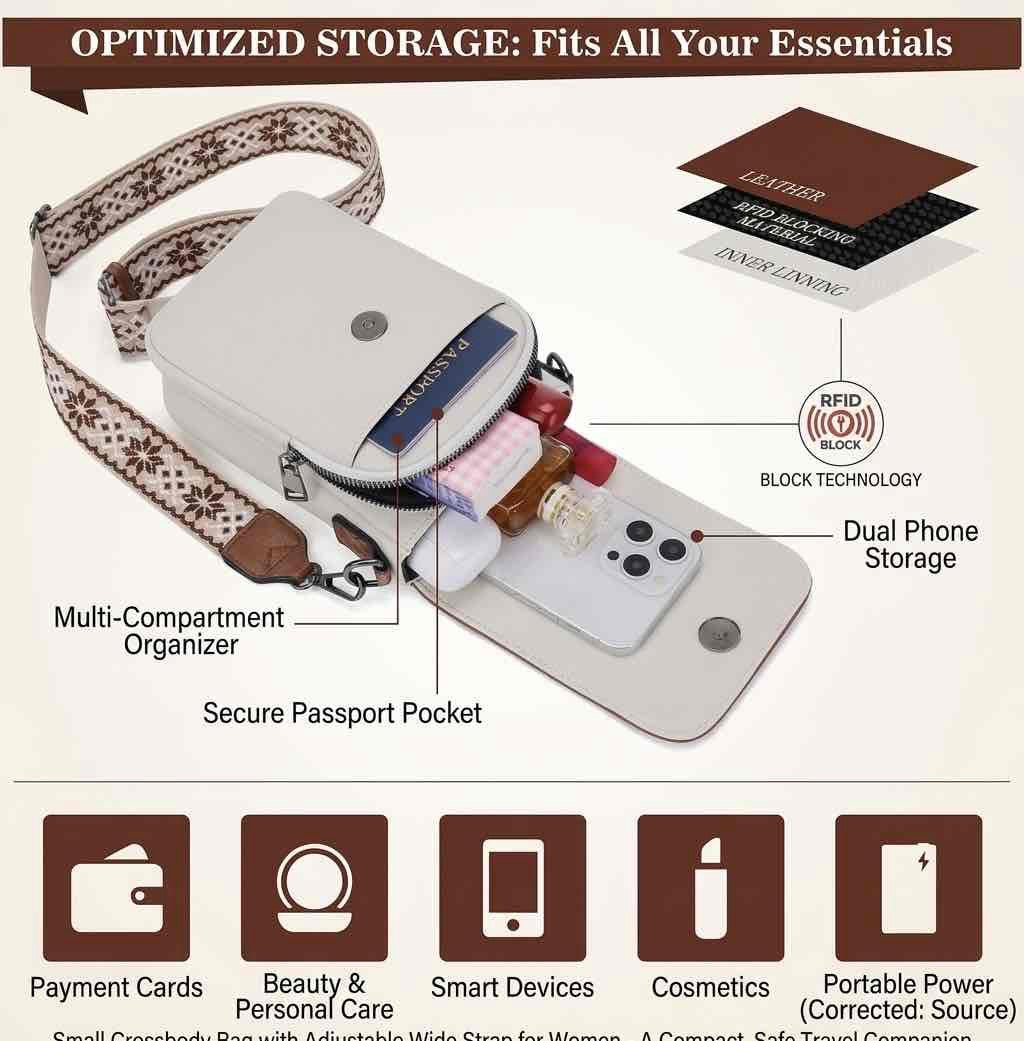 Small crossbody bag with adjustable wide strap for women showing optimized storage capacity, RFID blocking technology, passport pocket, and dual phone storage.
